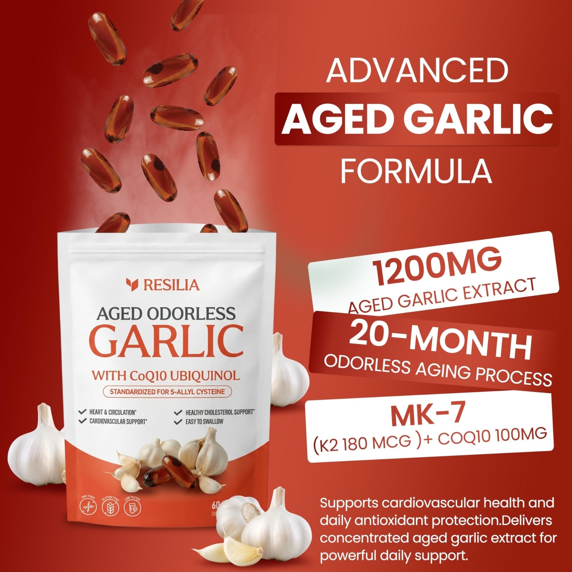 Resilia Garlic Extract 600mg Softgels (60ct) – Odorless Aged Garlic with CoQ10 Ubiquinol & Vitamin K2 as MK-7 – 20-Month Matured, Standardized for S-Allyl Cysteine - Heart & Immune Support - PrimeBioHealth - canada supplements