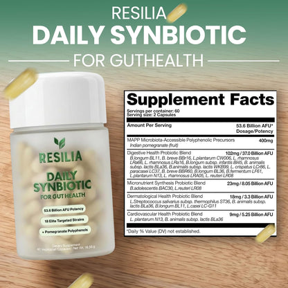 Resilia Synbiotic Probiotic + Prebiotic Supplement for Women & Men – 53.6 Billion AFU, 18 Strains, Shelf-Stable Capsules with Polyphenols, Digestive & Gut Balance Support, 60 Capsules - PrimeBioHealth - canada supplements
