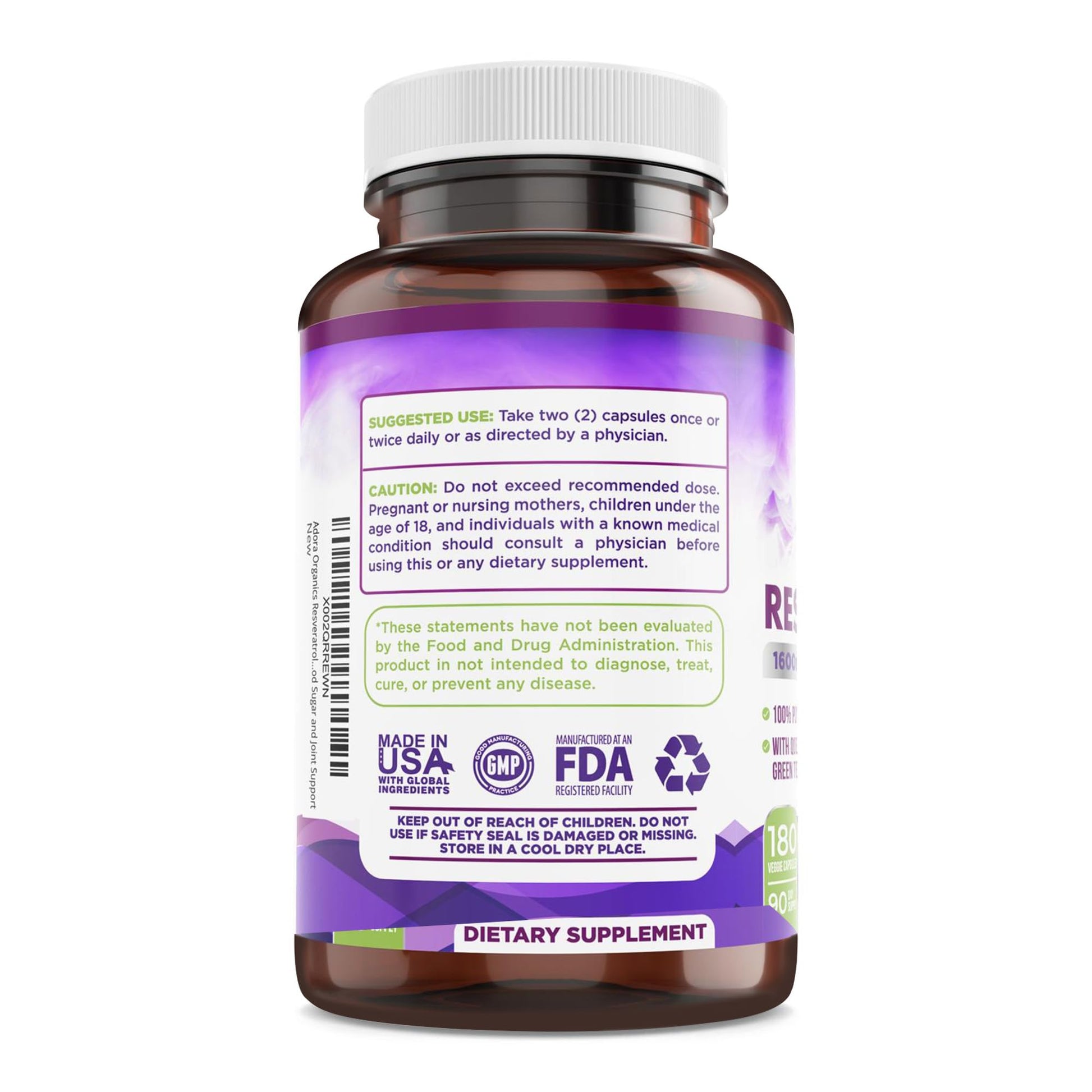 Resveratrol 1600mg - 180 Capsules | Trans-Resveratrol Antioxidant Supplement with Natural Green Tea, Grape Seed Polyphenols & Quercetin, Supports Digestive - PrimeBioHealth - canada supplements