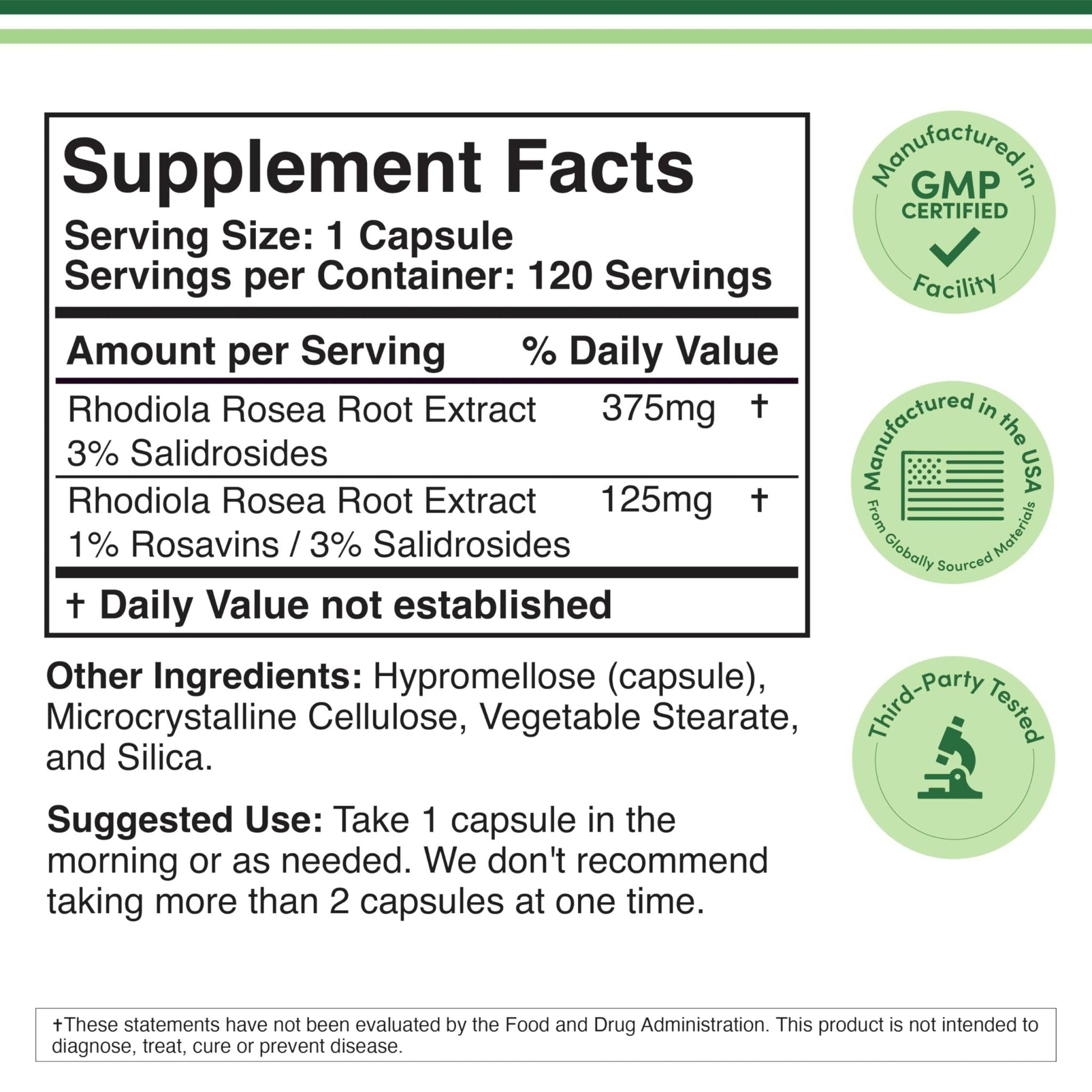 Rhodiola Rosea Supplement 500mg, 120 Vegan Capsules (Third Party Test, Gluten Free, 3% Salidrosides, 1% Rosavins Extract) for Performance, - PrimeBioHealth - canada supplements