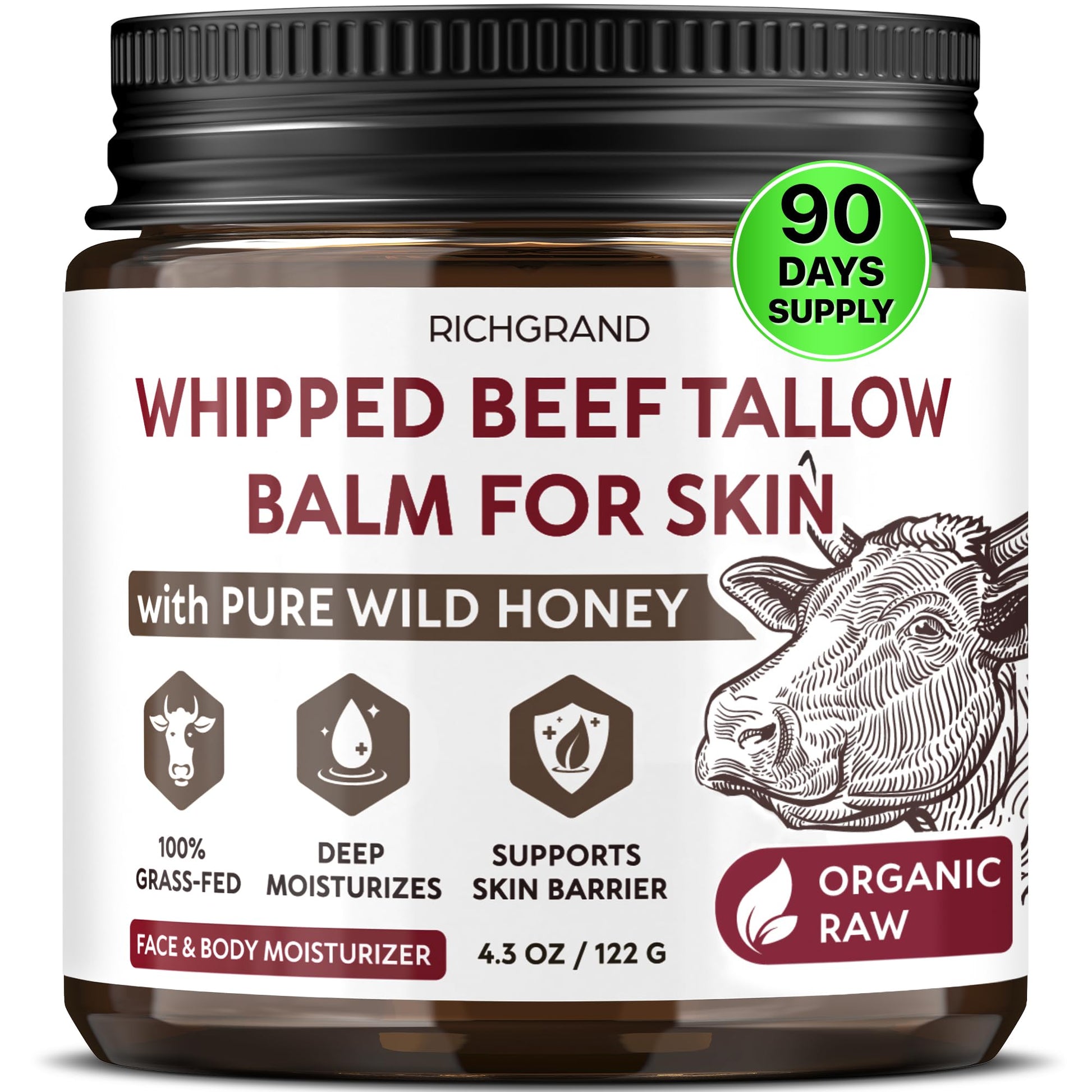 RICHGRAND Beef Tallow for Skin - Whipped Tallow and Honey Balm - Grass Fed Beef Tallow for Face, Daily Moisturizer & Body Butter - PrimeBioHealth - canada supplements