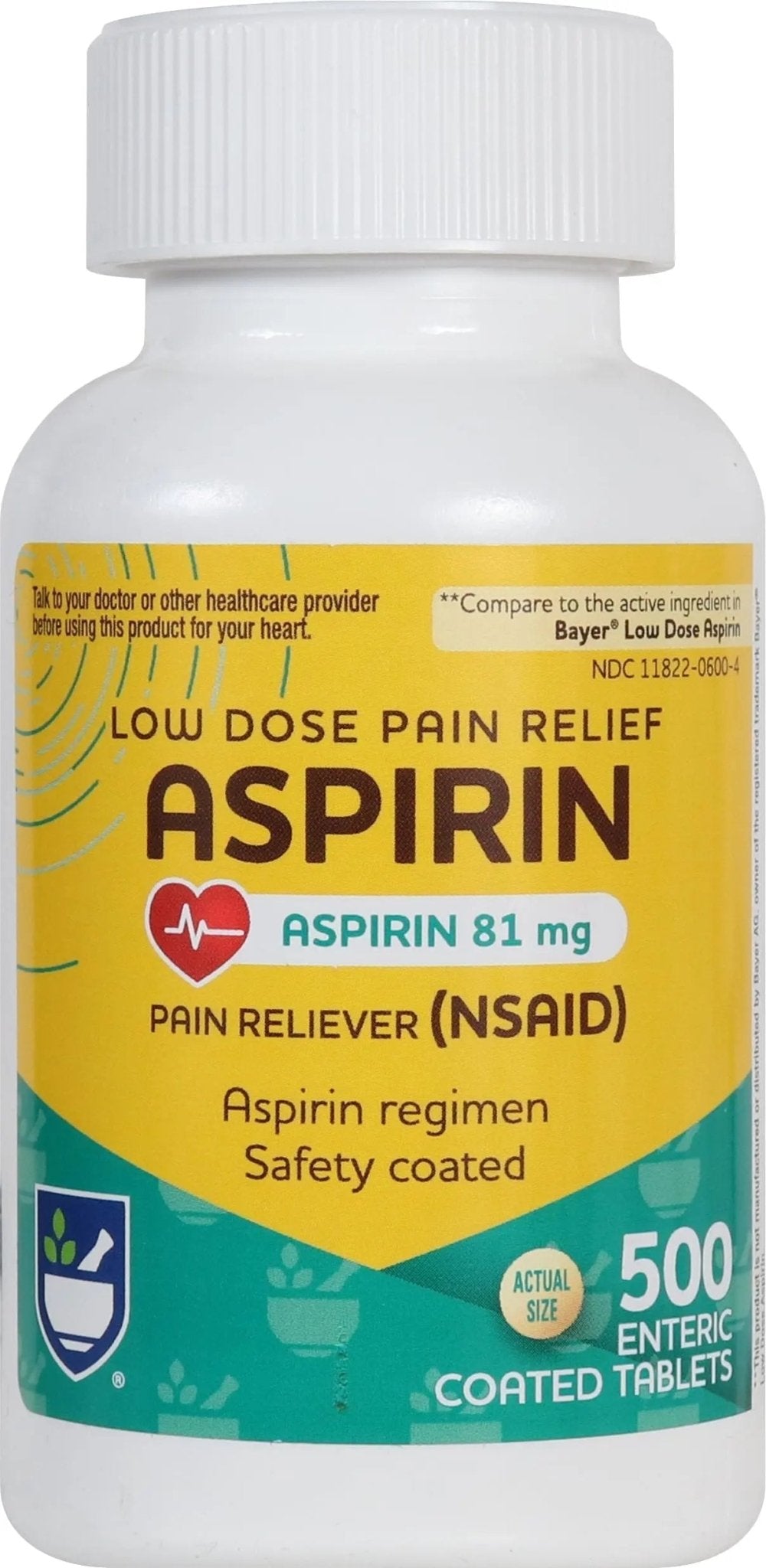 Rite Aid Aspirin Enteric Tablets - 81 mg Aspirin - 500 Count - Low-Dose for Headache Relief - Safety Coated - Aspirin Regimen - Migraine Medicine - Pain Relief - PrimeBioHealth - canada supplements
