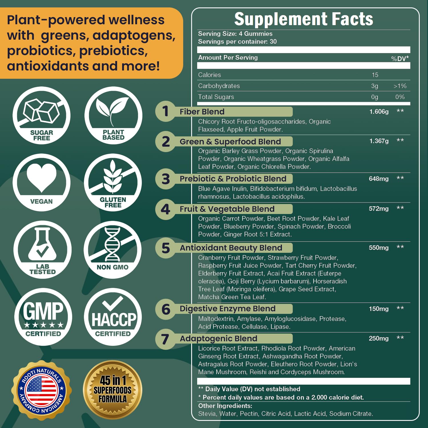 ROOTI Greens + Superfoods Gummies for Adults – 7-in-1 Whole Food Supplement, Spirulina, Lion’s Mane, Probiotics, Fiber & Digestive Enzymes Vegan, Sugar-Free, - PrimeBioHealth - canada supplements