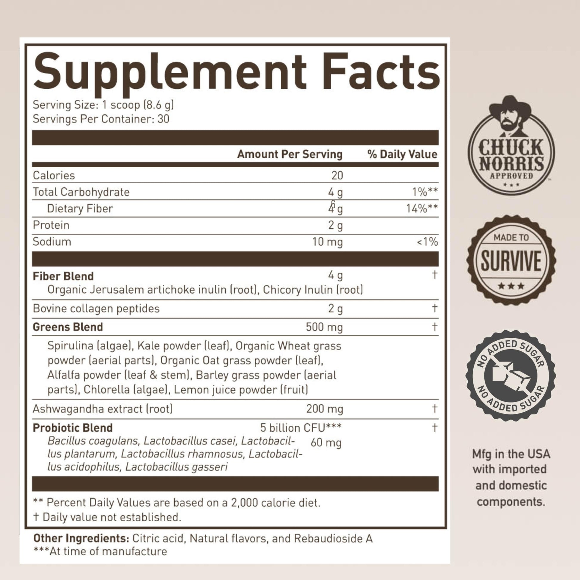 ROUNDHOUSE PROVISION Morning Kick, Zero Sugar Greens Superfood Powder Supplement with Ashwagandha, Collagen, Probiotics, Debloat Drink - PrimeBioHealth - canada supplements