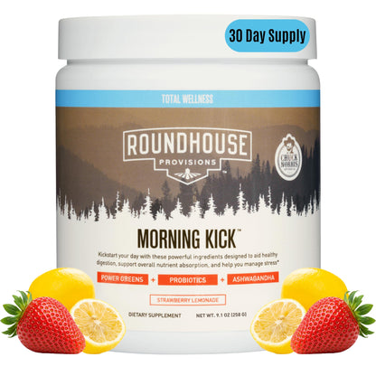 ROUNDHOUSE PROVISION Morning Kick, Zero Sugar Greens Superfood Powder Supplement with Ashwagandha, Collagen, Probiotics, Debloat Drink - PrimeBioHealth - canada supplements