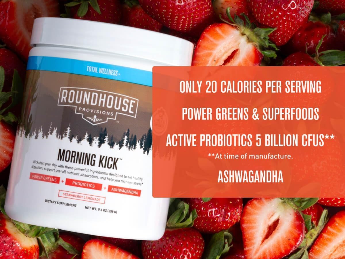 ROUNDHOUSE PROVISION Morning Kick, Zero Sugar Greens Superfood Powder Supplement with Ashwagandha, Collagen, Probiotics, Debloat Drink - PrimeBioHealth - canada supplements