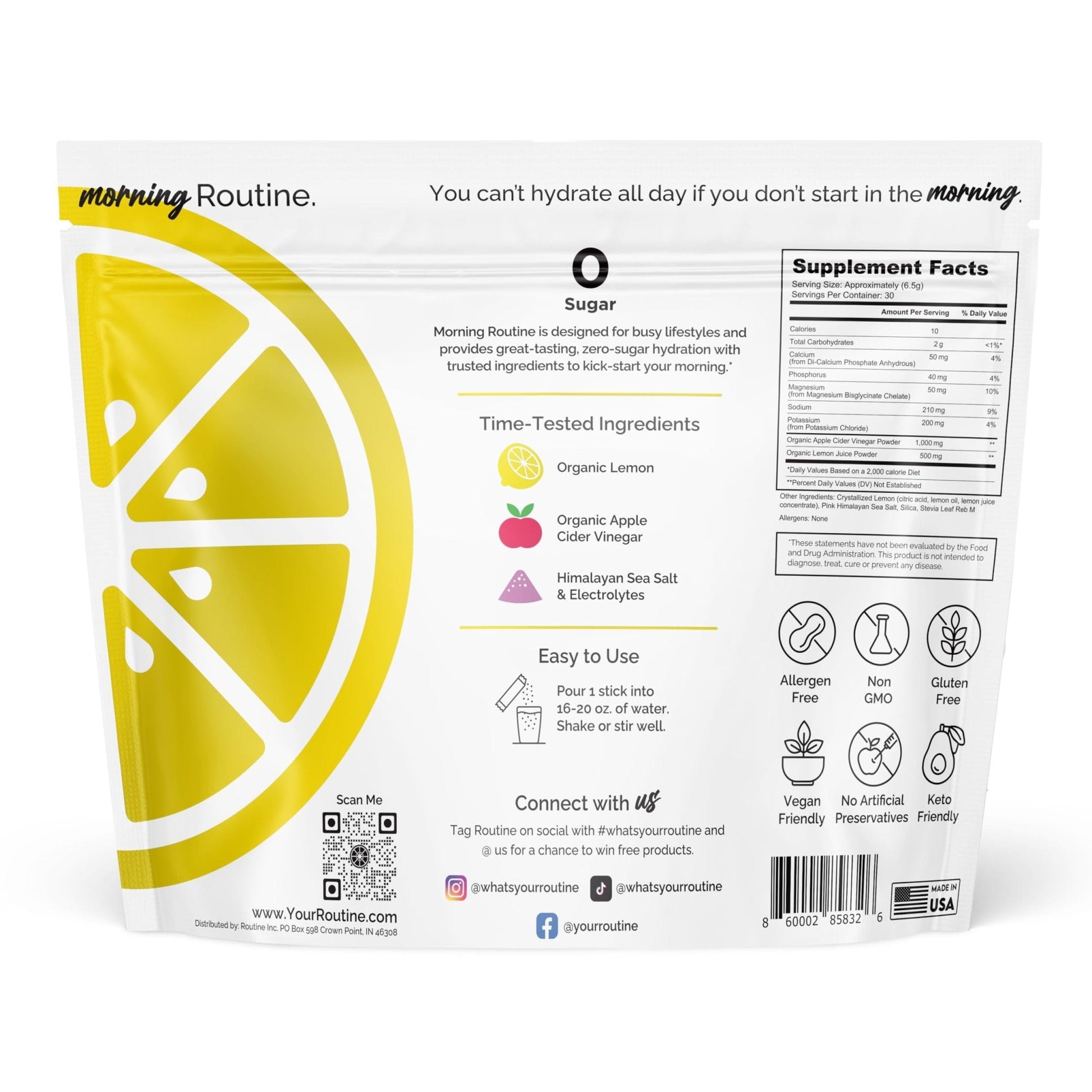ROUTINE Morning Daily Hydration | Electrolyte Powder Packets | Lemon, Apple Cider Vinegar & Sea Salt Drink Mix | Sugar-Free, Keto & Paleo-Friendly | 3rd-Party - PrimeBioHealth - canada supplements