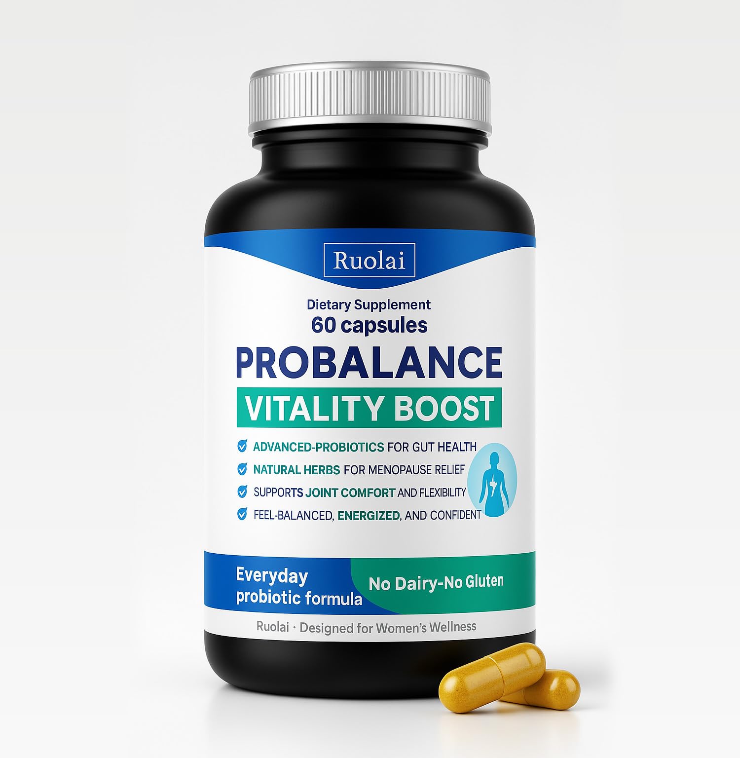 Ruolai ProBalance Probiotics for Women 68B CFU – Menopause, Bloat & Belly Support – Turmeric & Moringa - PrimeBioHealth - canada supplements