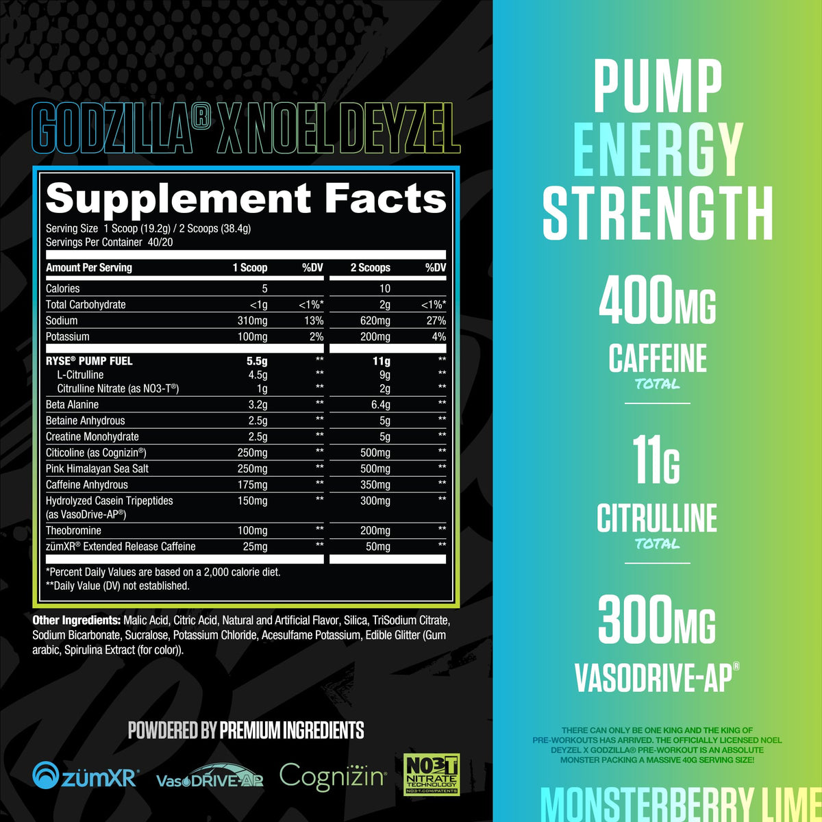 RYSE Godzilla X Noel Deyzel Pre Workout Powder - Monsterberry Lime - 400mg Caffeine, High Stim Pre-Workout for Men & Women with Citrulline & Beta Alanine - Energy, Pump & Focus - 20/40 Servings - PrimeBioHealth - canada supplements