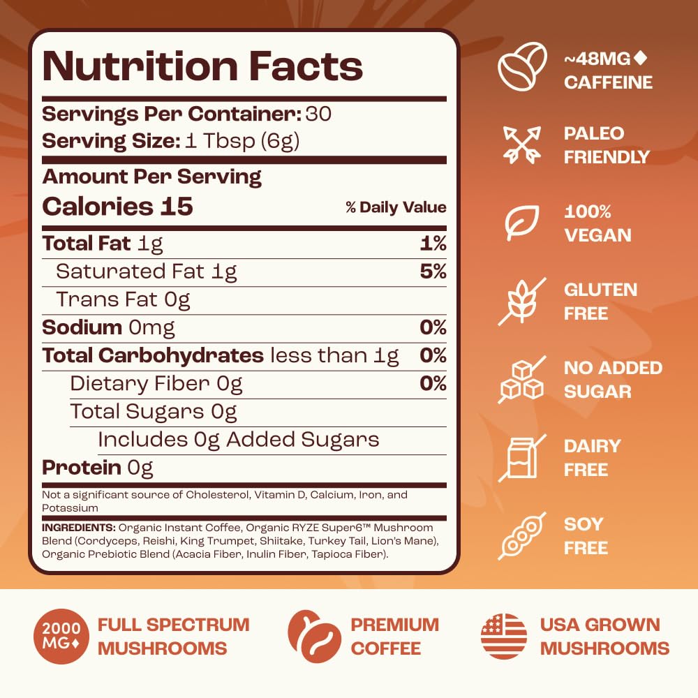 RYZE SUPERFOODS Mushroom Medium Roast Coffee USDA Organic with 6 Adaptogenic Mushrooms, USA Grown Instant Coffee for Better Energy - PrimeBioHealth - canada supplements