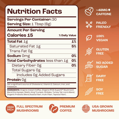 RYZE SUPERFOODS Mushroom Medium Roast Coffee USDA Organic with 6 Adaptogenic Mushrooms, USA Grown Instant Coffee for Better Energy - PrimeBioHealth - canada supplements
