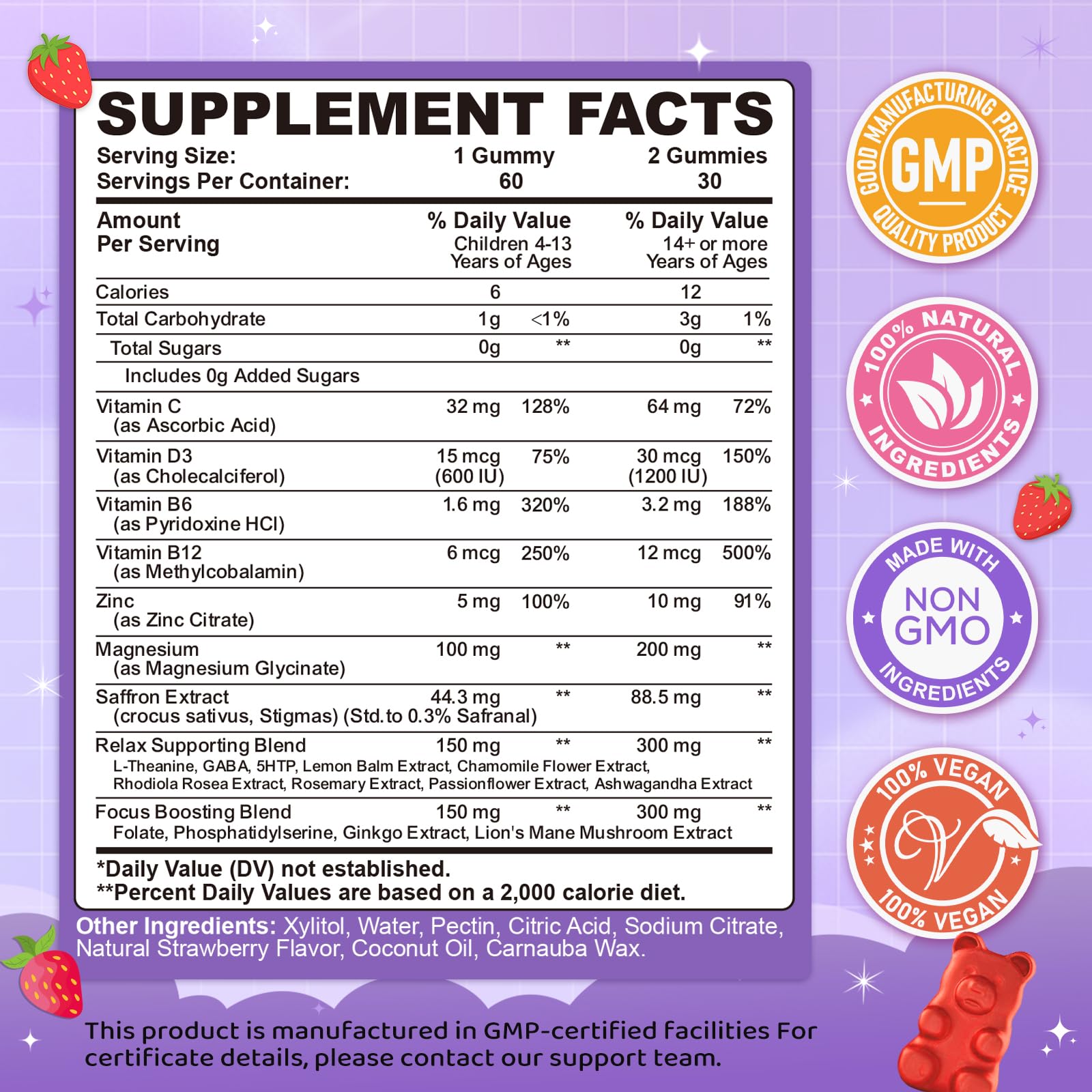Saffron Gummies for Kids & Adults, 20-in-1 Saffron Supplements with 88.5mg Saffron Extract, B6, B12, C, D3, Magnesium for Calm, Focus, Nerve, Sugar Free, Vegan - PrimeBioHealth - canada supplements