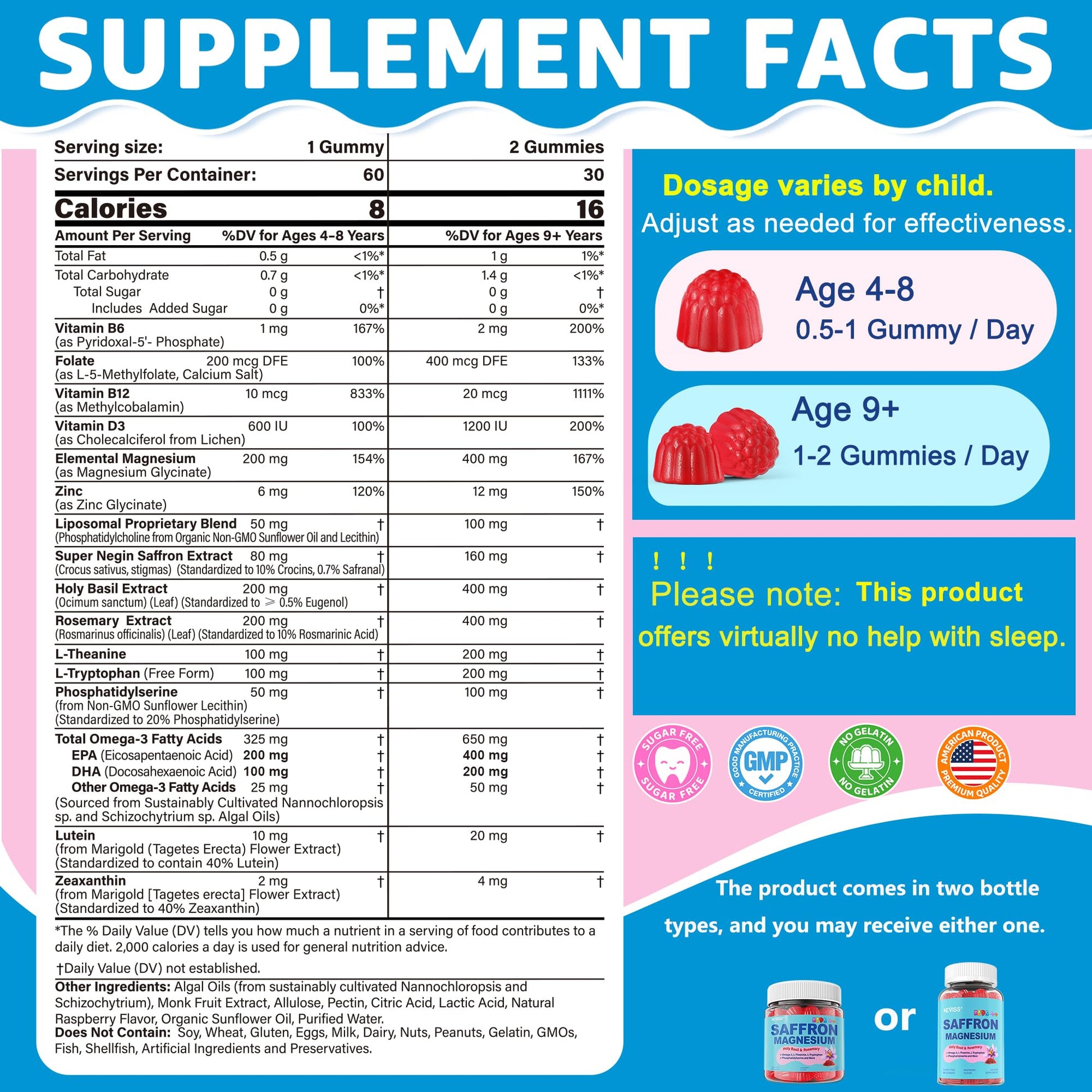 Saffron +Magnesium Glycinate +Omega-3 - Calm Focus Gummies for Kids 4+, Saffron Extract Supplement with L-Theanine, Holy Basil, Rosemary, B6, D3 for Happy Mood, Cognition, Nerve, Sugar Free, 2 Pack - PrimeBioHealth - canada supplements