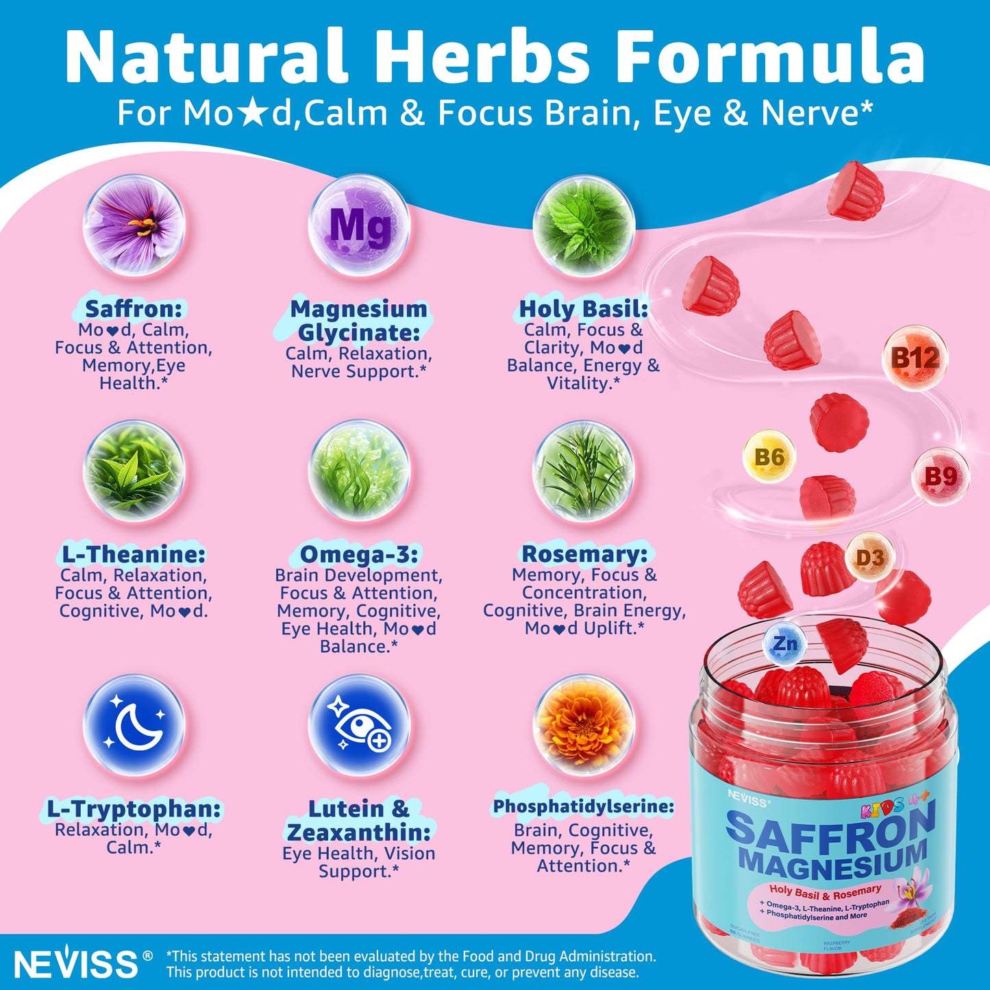 Saffron +Magnesium Glycinate +Omega-3 - Calm Focus Gummies for Kids 4+, Saffron Extract Supplement with L-Theanine, Holy Basil, Rosemary, B6, D3 for Happy Mood, Cognition, Nerve, Sugar Free, 2 Pack - PrimeBioHealth - canada supplements