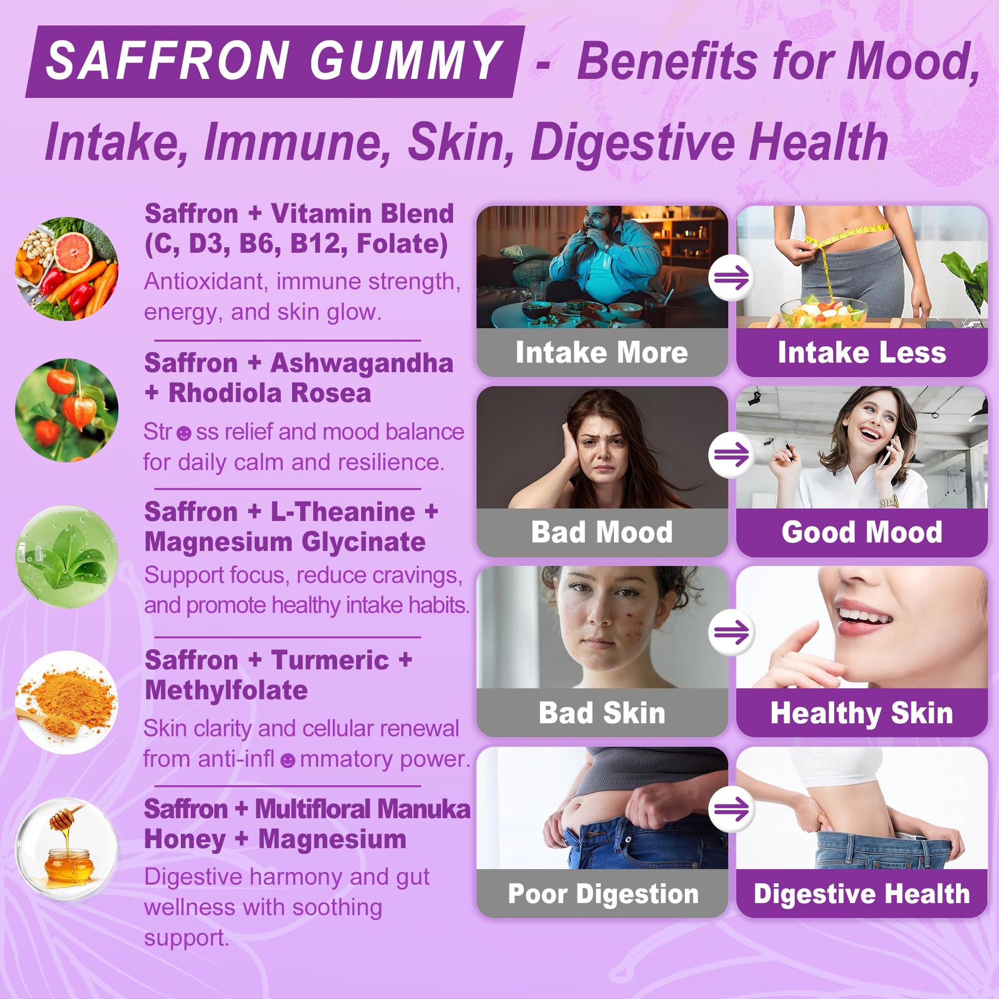 Saffron Supplements Gummies 100mg - 100% Pure Saffron Extract with Magnesium Glycinate, L-Theanine, Turmeric, Ashwagandha, Honey & Vitamin B Complex for Mood & Power, Antioxidant, Vitality - 60 Count - PrimeBioHealth - canada supplements