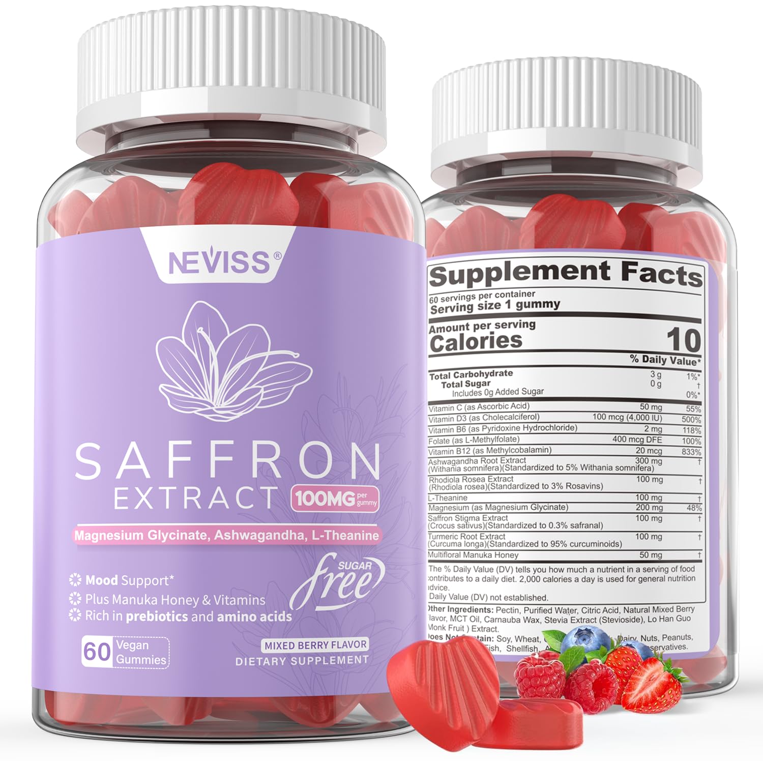 Saffron Supplements Gummies 100mg - 100% Pure Saffron Extract with Magnesium Glycinate, L-Theanine, Turmeric, Ashwagandha, Honey & Vitamin B Complex for Mood & Power, Antioxidant, Vitality - 60 Count - PrimeBioHealth - canada supplements