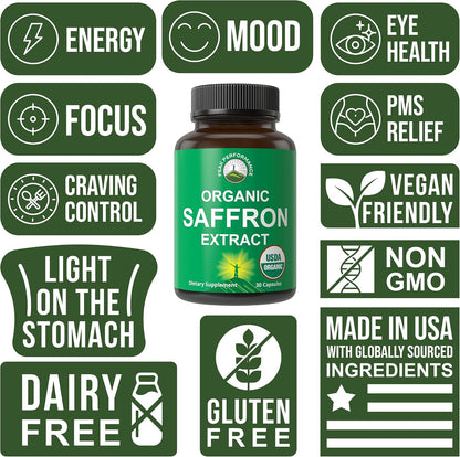 Saffron Supplements - USDA Organic Saffron Extract Capsules for Women, Men, and Kids. with Organic Prebiotic Fiber Instead of Filler. Pure and Natural for Mood, Brain, Focus, Cravings, PMS - PrimeBioHealth - canada supplements