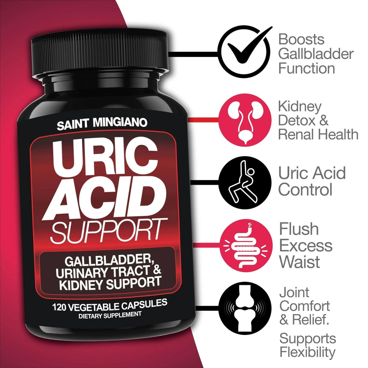 Saint Mingiano Uric Acid Flush for Gout Support -120 Capsules - Supports Kidney Cleanse Detox & Repair, Gallbladder & Urinary Tract Issues - Essential for Detox & Joint Support - Cranberry Extract - PrimeBioHealth - canada supplements