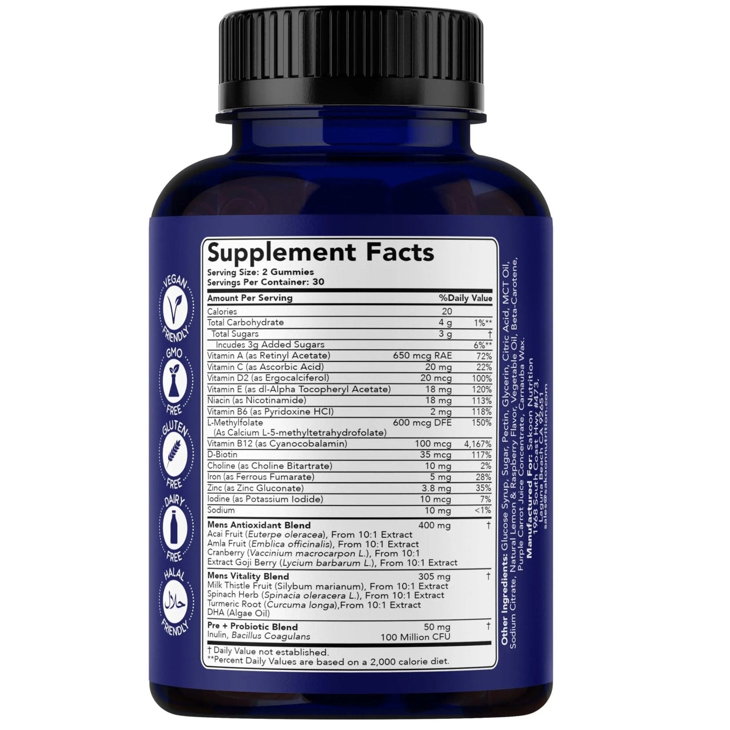 Sakoon nutrition Men's Multivitamin Gummies with Probiotics and Prebiotics, Adult Multivitamin A, C, D, E, B & More - PrimeBioHealth - canada supplements