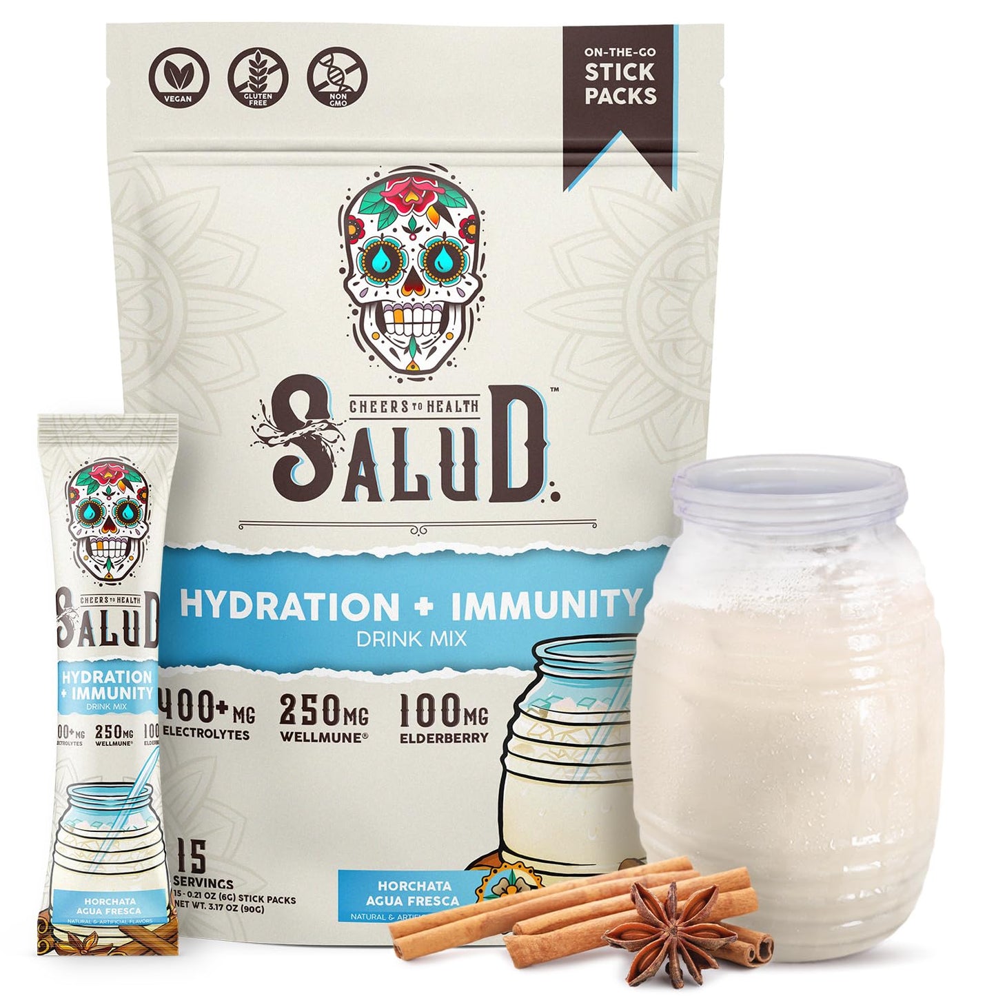 Salud 2-in-1 Hydration Packets + Immunity Electrolytes Powder, Horchata - Agua Fresca Drink Mix, Elderberry, Dairy & Soy Free, Non-GMO, Gluten Free, Vegan - PrimeBioHealth - canada supplements