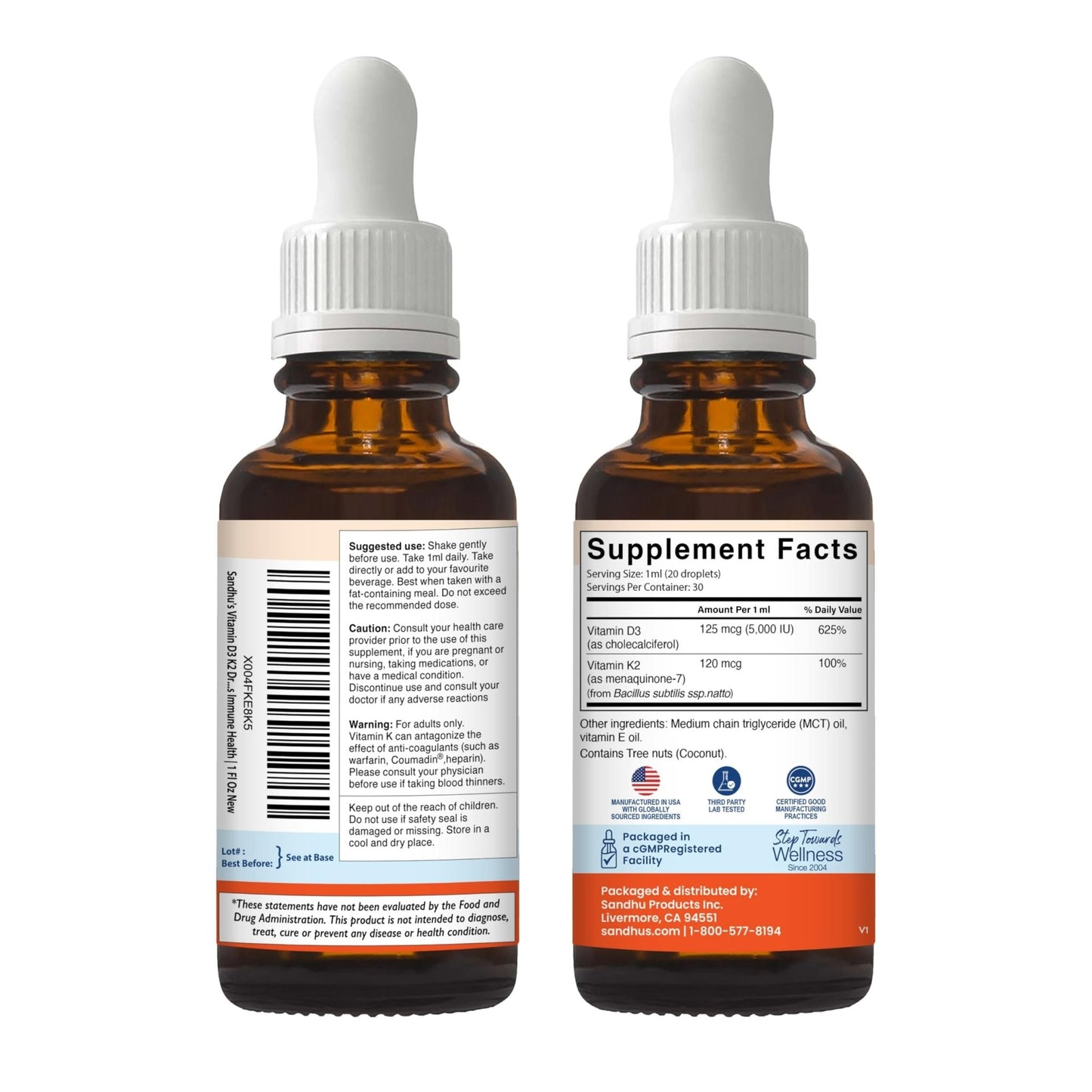 Sandhu's Vitamin D3 K2 Drops for Adults | 5000 IU D3 Liquid, 120mcg K2 Supplement 1 Fl Oz (Pack of 2) | D3K2 Supports Superior Absorption - PrimeBioHealth - canada supplements