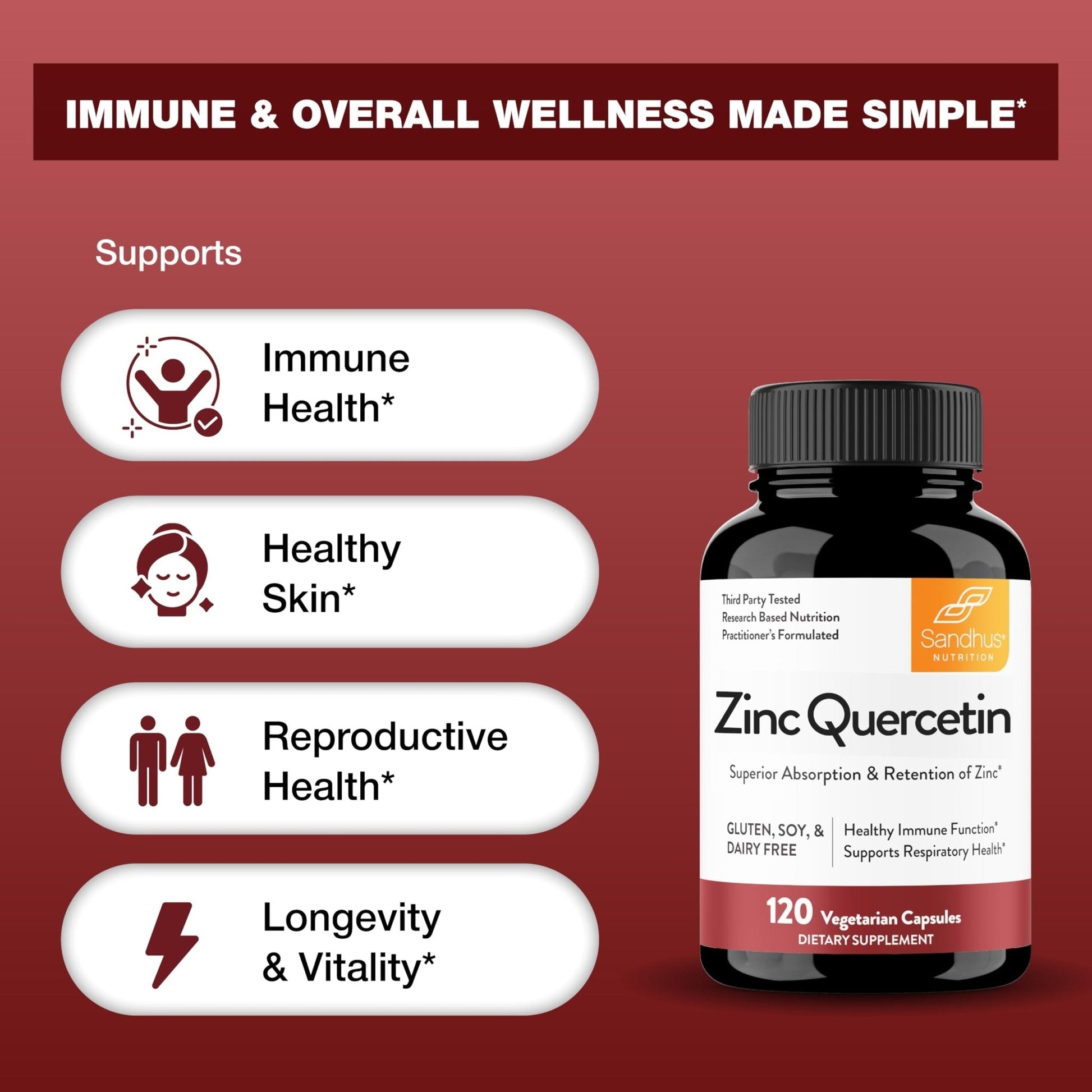 Sandhu's Zinc Quercetin 120 Vegetarian Capsules (Pack of 1) | High Absorption Zink Supplements for Immunity and Seasonal Allergy | Antioxidant Immune Support - PrimeBioHealth - canada supplements