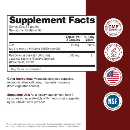 Sandhu's Zinc Quercetin 120 Vegetarian Capsules (Pack of 1) | High Absorption Zink Supplements for Immunity and Seasonal Allergy | Antioxidant Immune Support - PrimeBioHealth - canada supplements