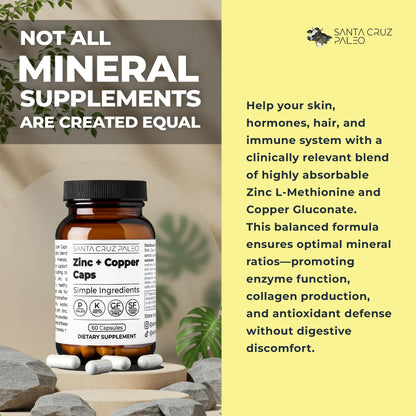 Santa Cruz Paleo, Zinc & Copper Mineral Supplement, High Absorption Formula, Zinc Supplement for Skin & Hair, L Methionine, Copper Gluconate, Trace Minerals - PrimeBioHealth - canada supplements