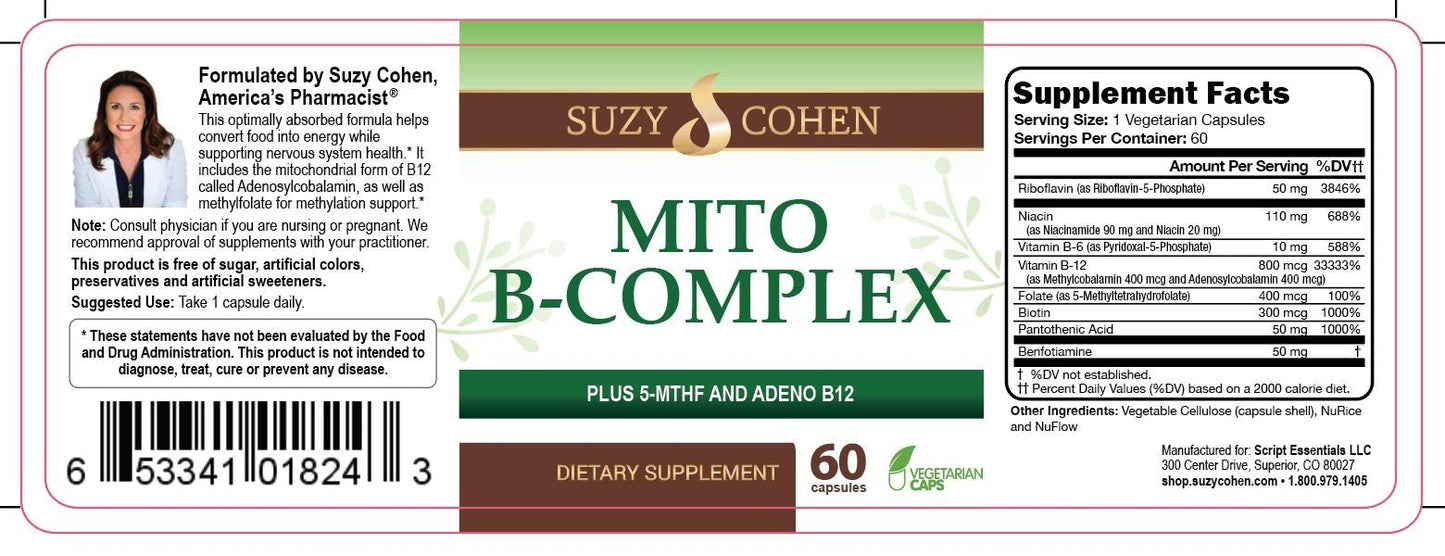 Script Essentials Suzy Cohen, Mito B Complex Dietary Supplement, 5-MTHF, Adeno B12, Methylation Support, Supports Healthy Nervous System - PrimeBioHealth - canada supplements