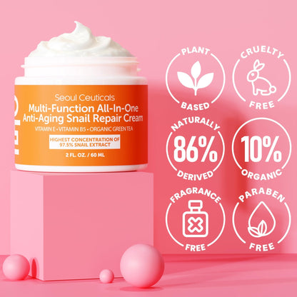 SeoulCeuticals Snail Mucin Moisturizer 97.5% - Korean Skin Care Snail Repair Cream - Day & Night Anti Aging K Beauty Skincare Cruelty Free 2oz - PrimeBioHealth - canada supplements