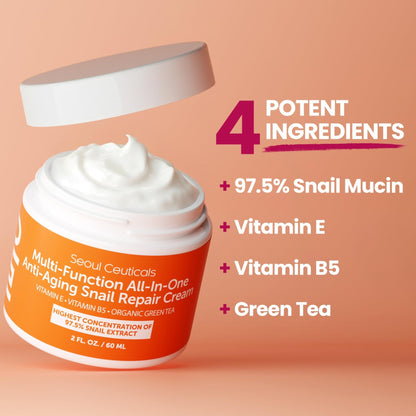 SeoulCeuticals Snail Mucin Moisturizer 97.5% - Korean Skin Care Snail Repair Cream - Day & Night Anti Aging K Beauty Skincare Cruelty Free 2oz - PrimeBioHealth - canada supplements