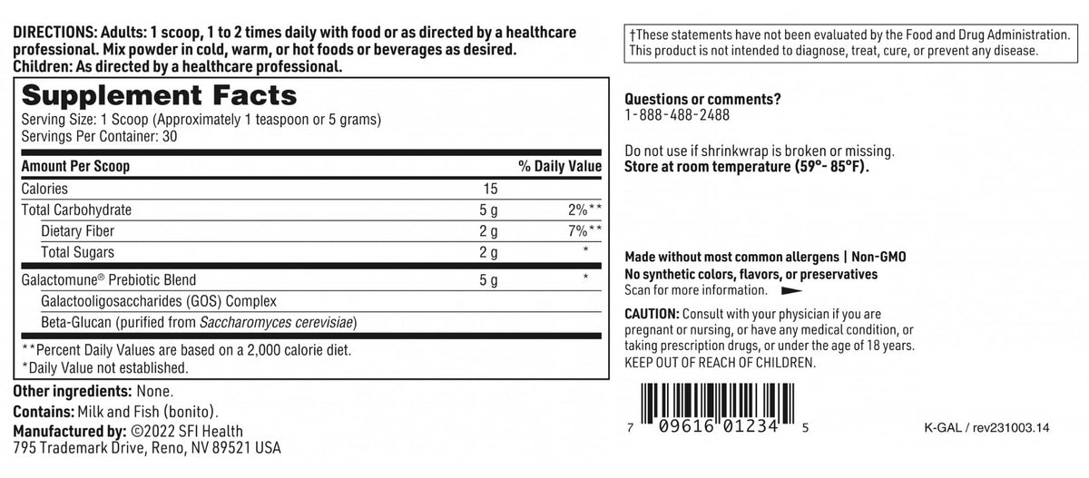 SFI Health Klaire Labs Galactomune Powder - Prebiotic Beta-Glucan & Galactooligosaccharides Immune Support (30 Servings, 150 Grams) - PrimeBioHealth - canada supplements