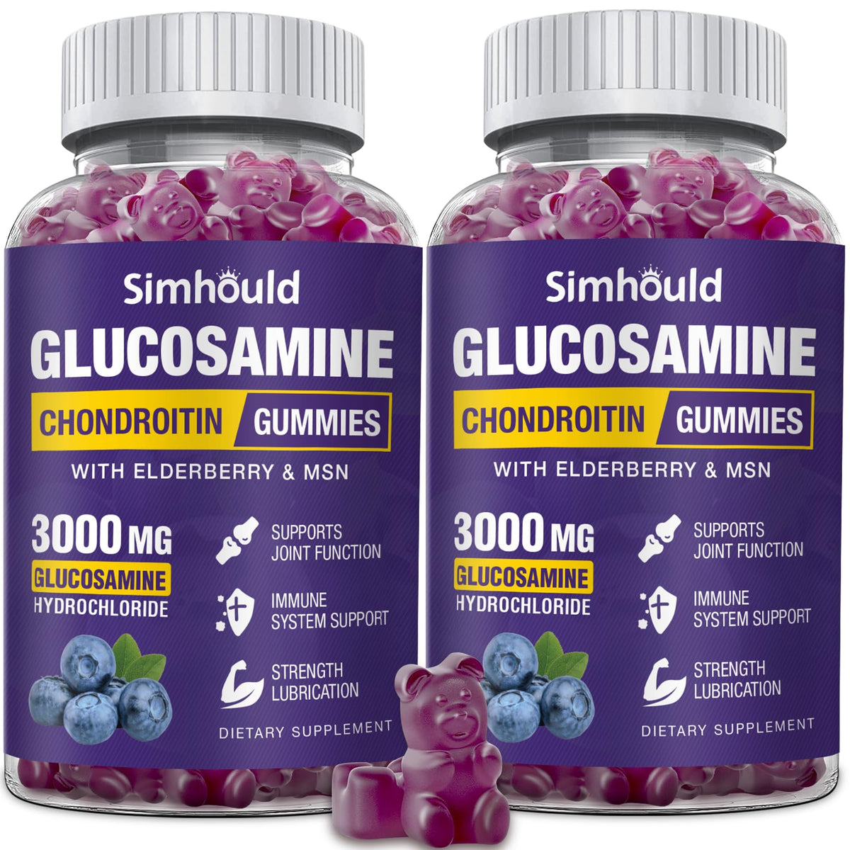 Simhould 2 Packs Glucosamine Chondroitin Gummies - 3000MG Extra Strength Joint Support Supplement with MSM & Elderberry, Flexibility, Antioxidant Immune Support - PrimeBioHealth - canada supplements