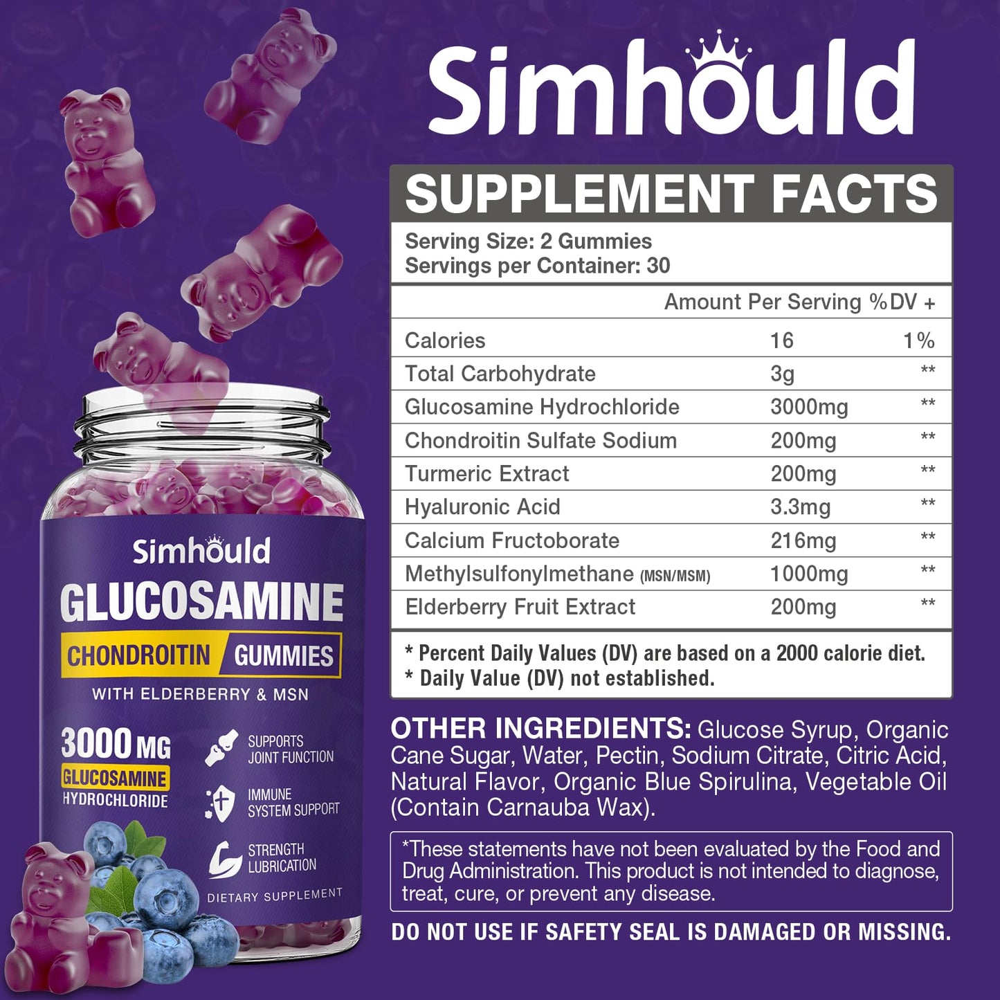 Simhould 2 Packs Glucosamine Chondroitin Gummies - 3000MG Extra Strength Joint Support Supplement with MSM & Elderberry, Flexibility, Antioxidant Immune Support - PrimeBioHealth - canada supplements