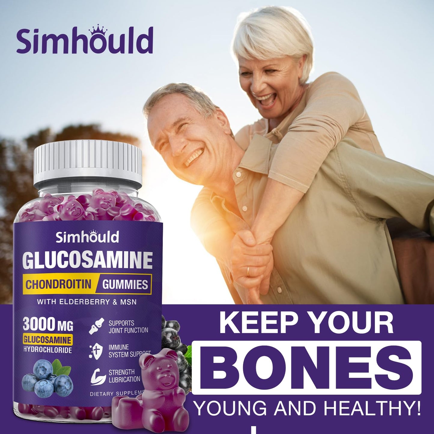 Simhould 2 Packs Glucosamine Chondroitin Gummies - 3000MG Extra Strength Joint Support Supplement with MSM & Elderberry, Flexibility, Antioxidant Immune Support - PrimeBioHealth - canada supplements