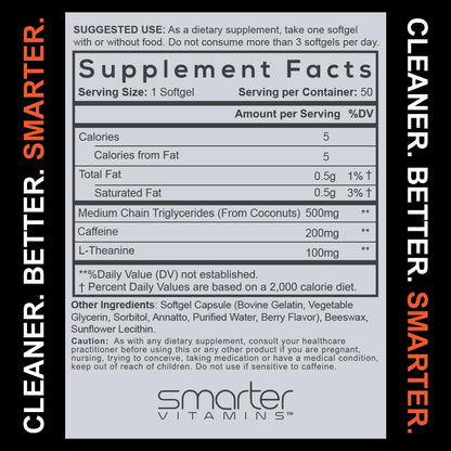 SmarterVitamins 200mg Caffeine Pills - MCT Oil from 100% Coconuts + 100mg L-Theanine, Energy and Focus - PrimeBioHealth - canada supplements