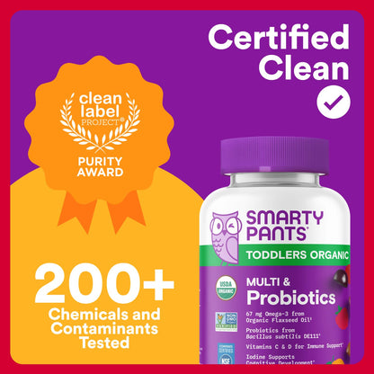 SmartyPants Organic Toddler Multivitamin Gummies: Probiotics, Omega 3 (ALA), Vitamin D3, C, Vitamin B12, B6, A, K & Zinc, Beta Carotene, Gluten Free - PrimeBioHealth - canada supplements
