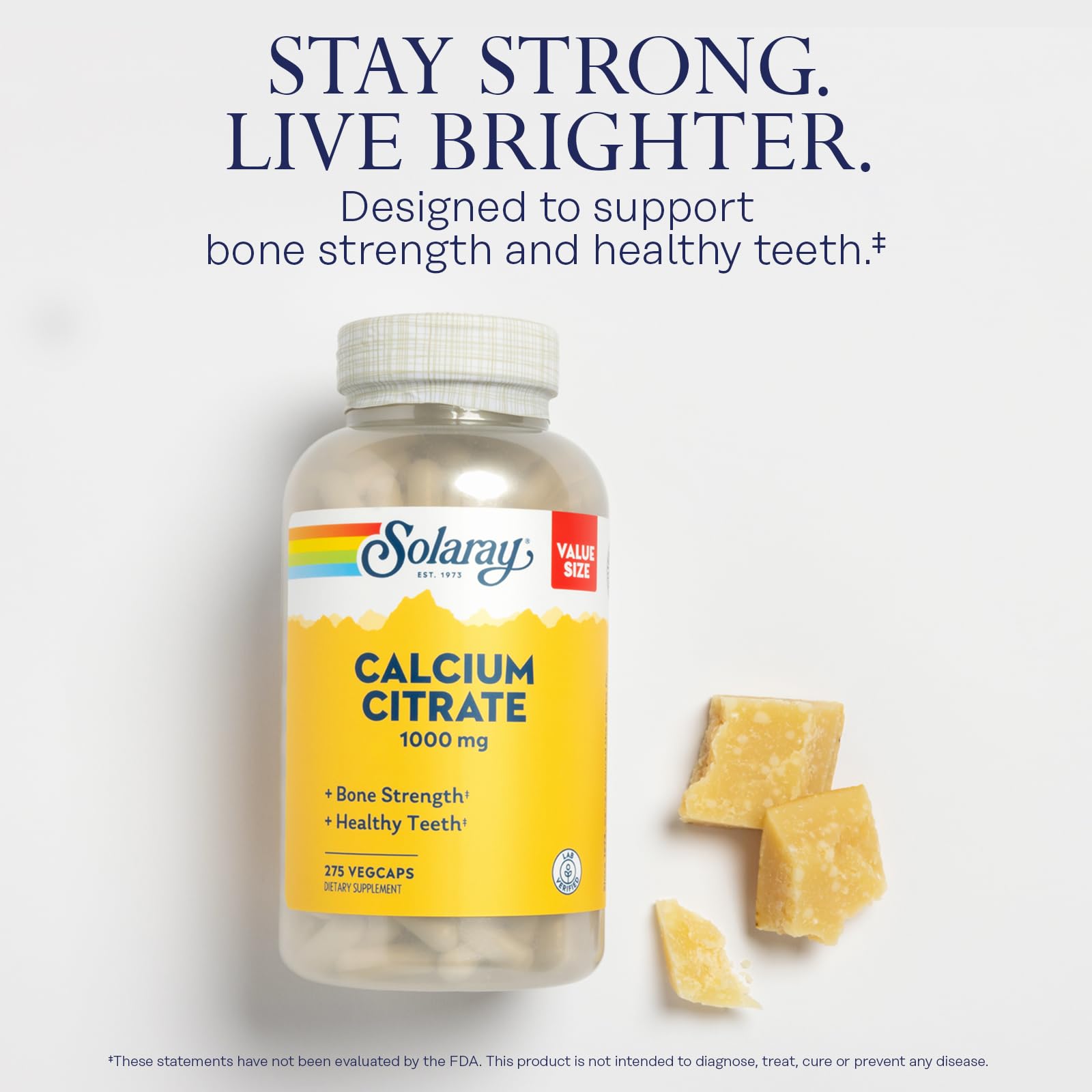 Solaray Calcium Citrate 1000mg - Chelated Calcium Supplement - Supports Bone Strength and Healthy Teeth - Easy to Digest - Vegan - 68 Servings, 275 VegCaps - PrimeBioHealth - canada supplements