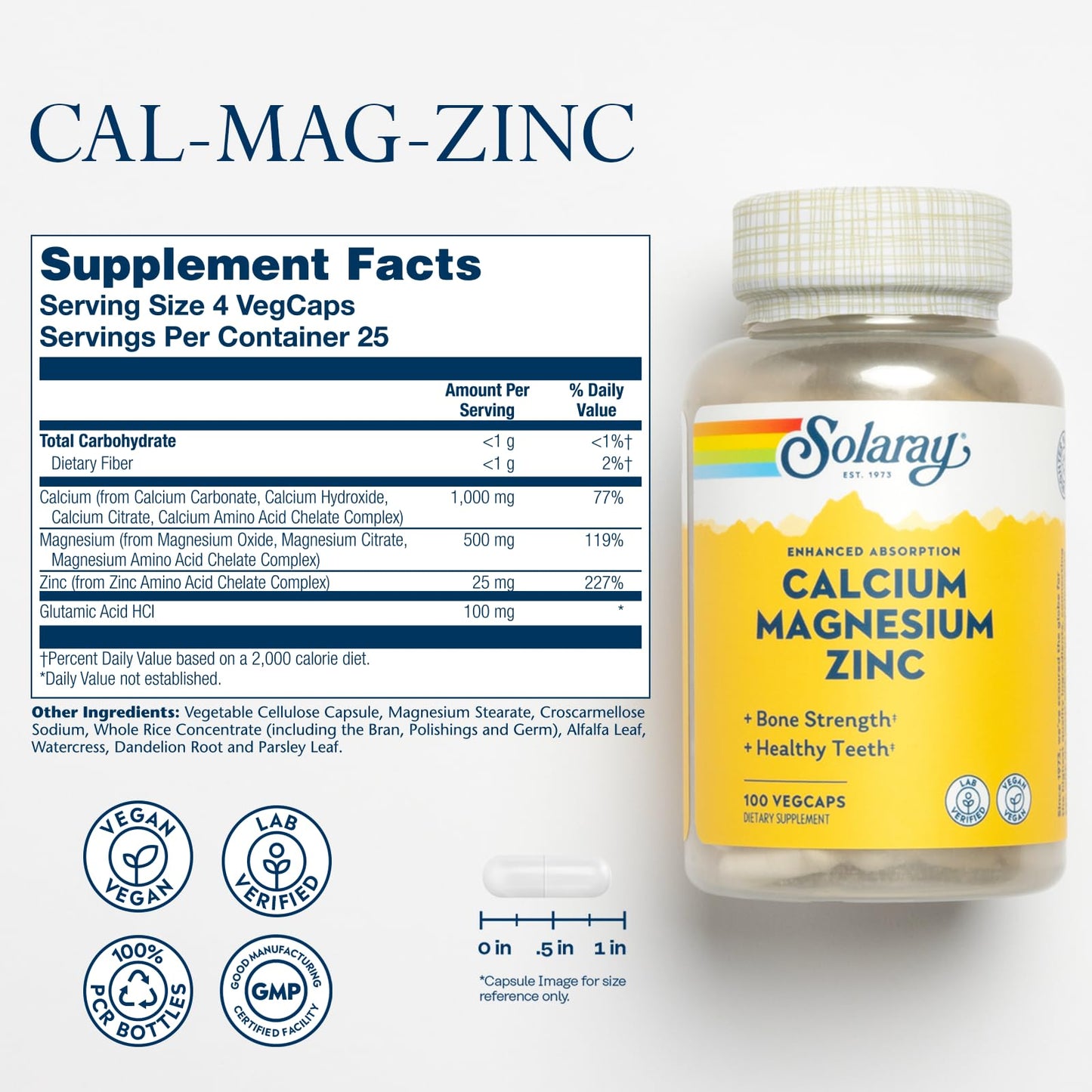 SOLARAY Calcium Magnesium Zinc Supplement - with Calcium 1000mg, Magnesium 500mg - Bone Health, Muscle Function, Heart Health and Immune Support - Vegan, 60 Day Guarantee, 68 Servings, 275 VegCaps - PrimeBioHealth - canada supplements
