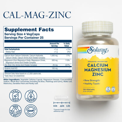SOLARAY Calcium Magnesium Zinc Supplement - with Calcium 1000mg, Magnesium 500mg - Bone Health, Muscle Function, Heart Health and Immune Support - Vegan, 60 Day Guarantee, 68 Servings, 275 VegCaps - PrimeBioHealth - canada supplements