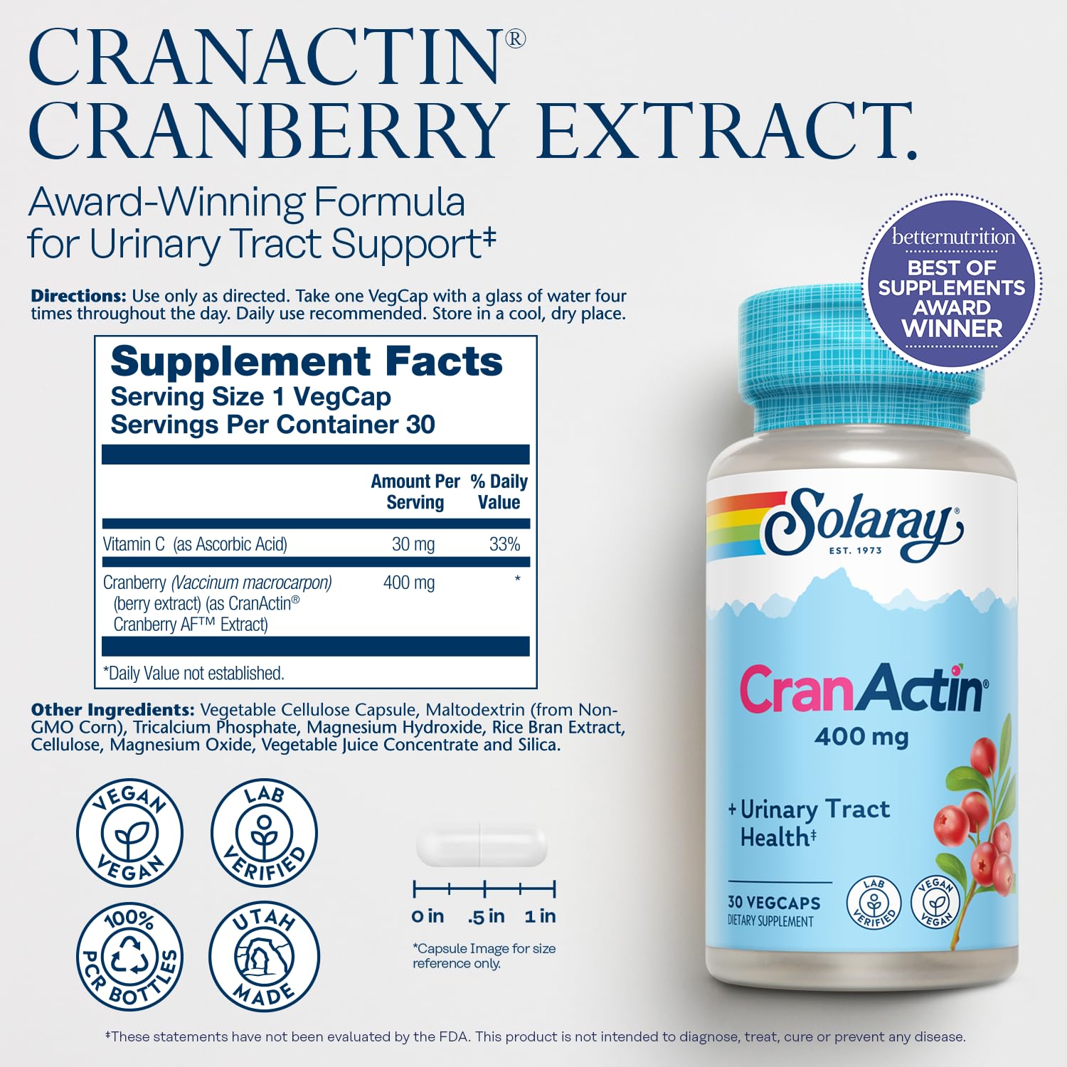 SOLARAY CranActin Cranberry Extract 400 mg - Cranberry Supplements for Women and Men - Bladder and Urinary Tract Health Support with Vitamin C - Vegan, 60-Day Guarantee, 120 Servings, 120 VegCaps - PrimeBioHealth - canada supplements