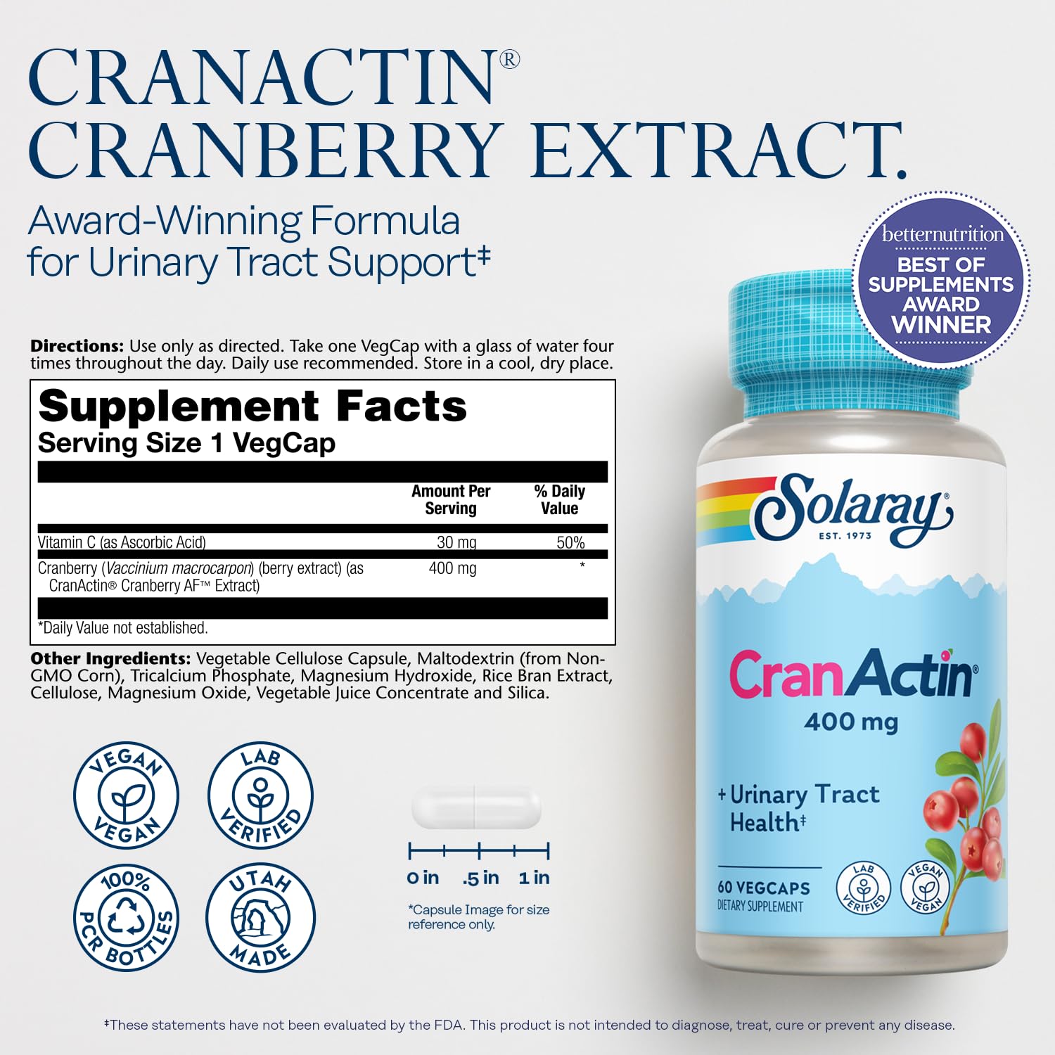 SOLARAY CranActin Cranberry Extract 400 mg - Cranberry Supplements for Women and Men - Bladder and Urinary Tract Health Support with Vitamin C - Vegan, 60-Day Guarantee, 120 Servings, 120 VegCaps - PrimeBioHealth - canada supplements