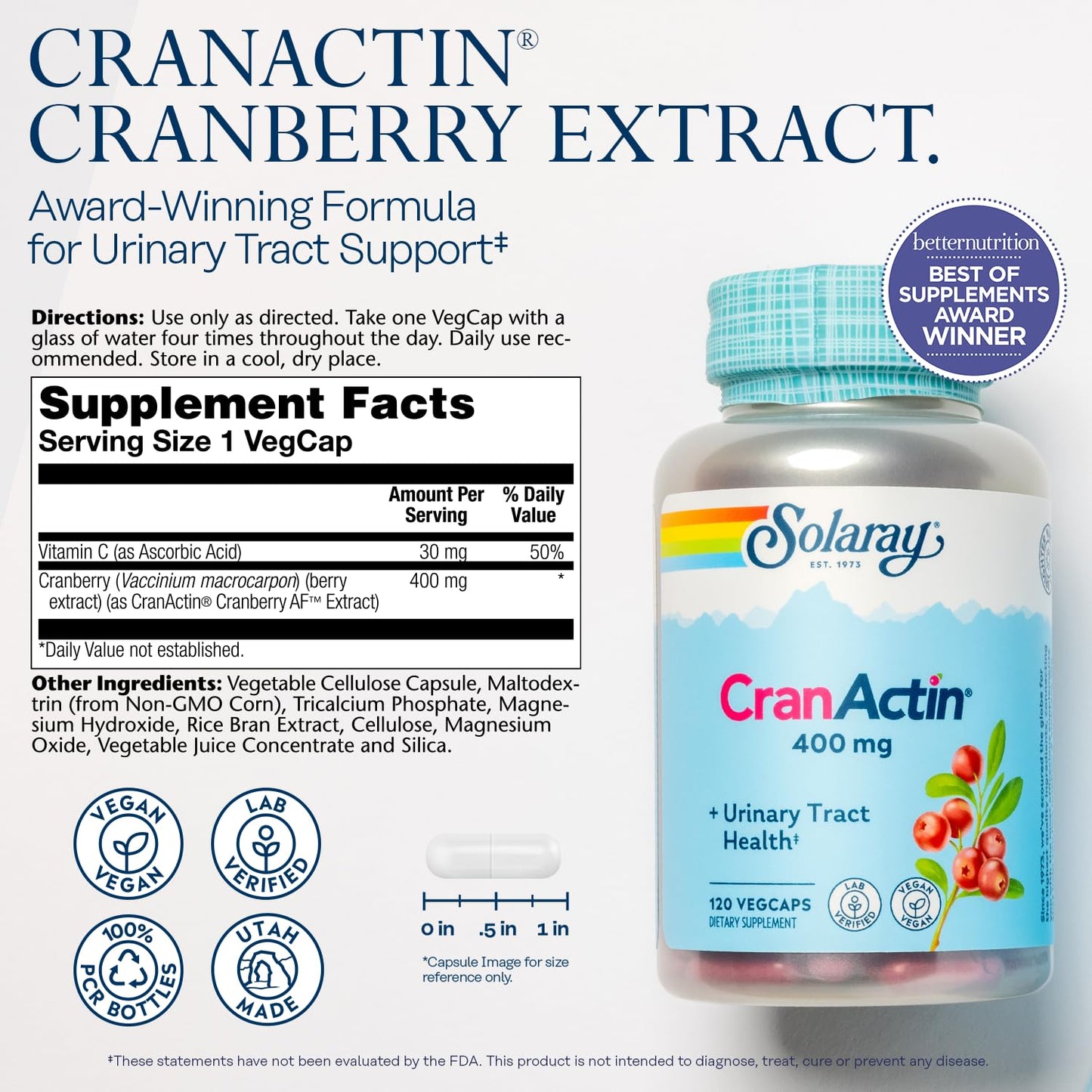 SOLARAY CranActin Cranberry Extract 400 mg - Cranberry Supplements for Women and Men - Bladder and Urinary Tract Health Support with Vitamin C - Vegan, 60-Day Guarantee, 120 Servings, 120 VegCaps - PrimeBioHealth - canada supplements