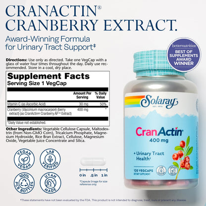 SOLARAY CranActin Cranberry Extract 400 mg - Cranberry Supplements for Women and Men - Bladder and Urinary Tract Health Support with Vitamin C - Vegan, 60-Day Guarantee, 120 Servings, 120 VegCaps - PrimeBioHealth - canada supplements