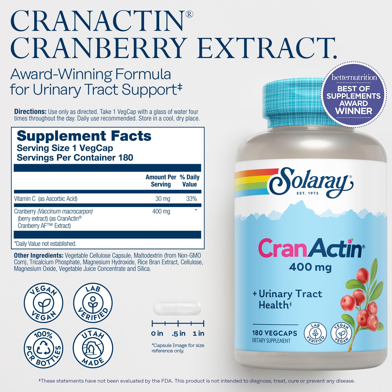 SOLARAY CranActin Cranberry Extract 400 mg - Cranberry Supplements for Women and Men - Bladder and Urinary Tract Health Support with Vitamin C - Vegan, 60-Day Guarantee, 120 Servings, 120 VegCaps - PrimeBioHealth - canada supplements