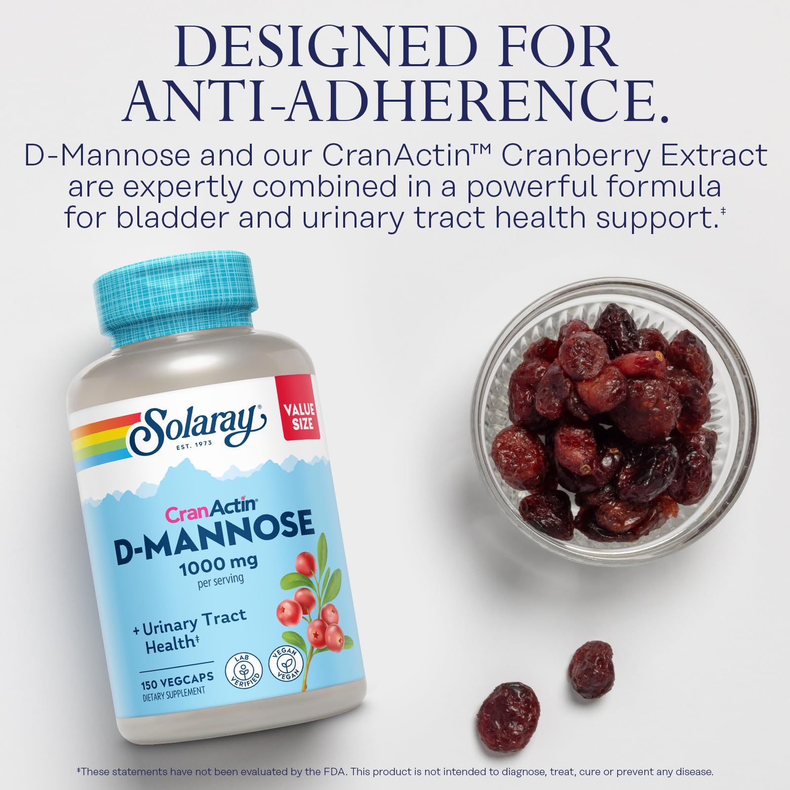 Solaray D-Mannose 1000mg with CranActin Cranberry Supplement 400mg, Urinary Tract Health & Bladder Support Capsules with Vitamin C, Vegan, 60 Day Guarantee, 75 Servings, 150 VegCaps - PrimeBioHealth - canada supplements