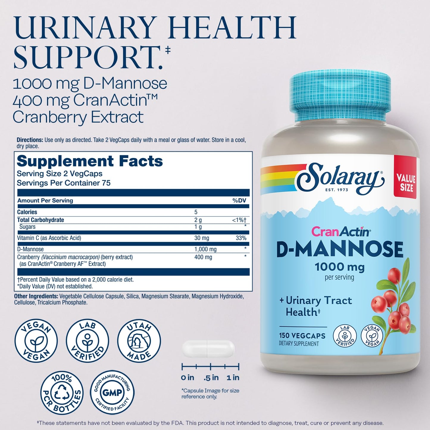 Solaray D-Mannose 1000mg with CranActin Cranberry Supplement 400mg, Urinary Tract Health & Bladder Support Capsules with Vitamin C, Vegan, 60 Day Guarantee, 75 Servings, 150 VegCaps - PrimeBioHealth - canada supplements
