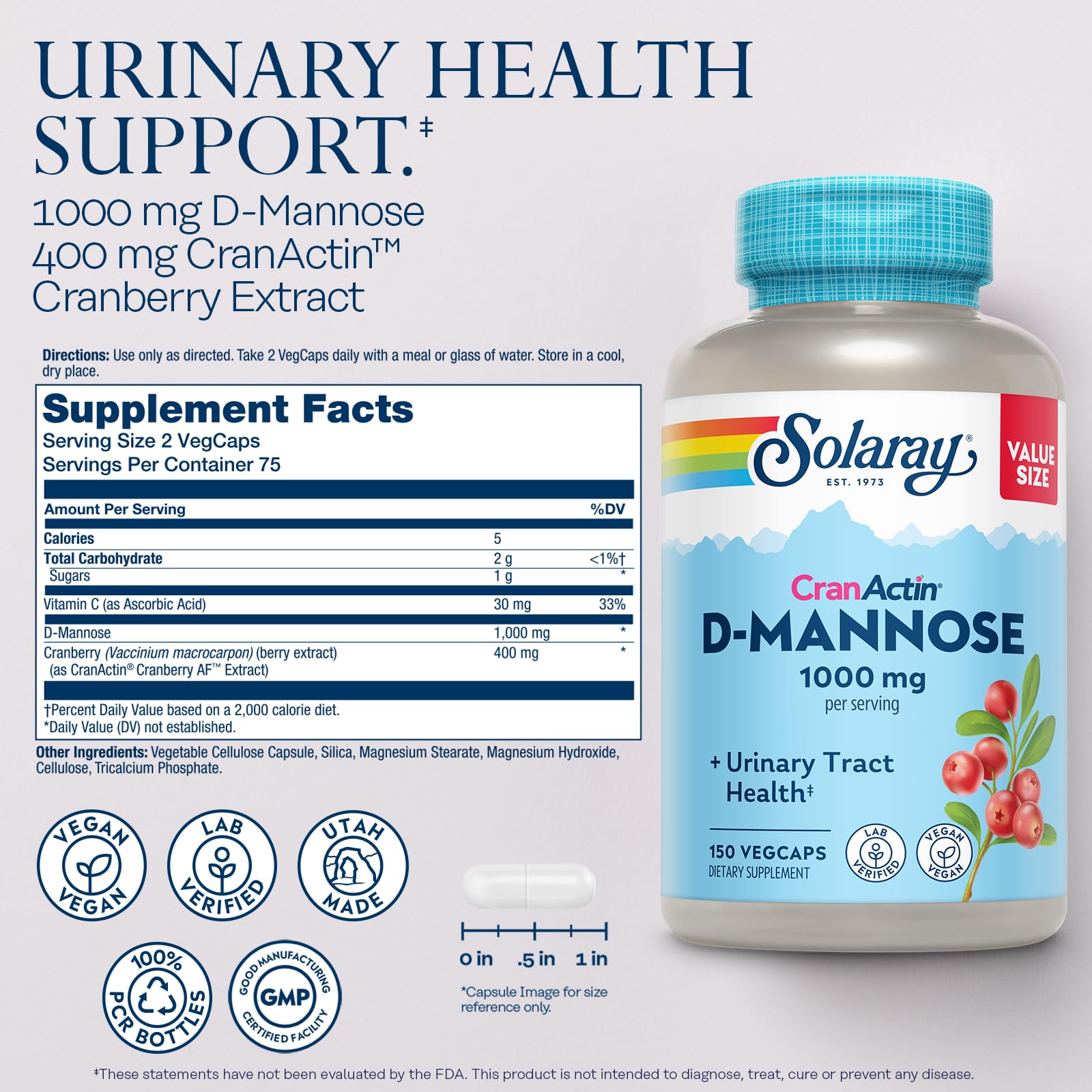 Solaray D-Mannose 1000mg with CranActin Cranberry Supplement 400mg, Urinary Tract Health & Bladder Support Capsules with Vitamin C, Vegan, 60 Day Guarantee, 75 Servings, 150 VegCaps - PrimeBioHealth - canada supplements