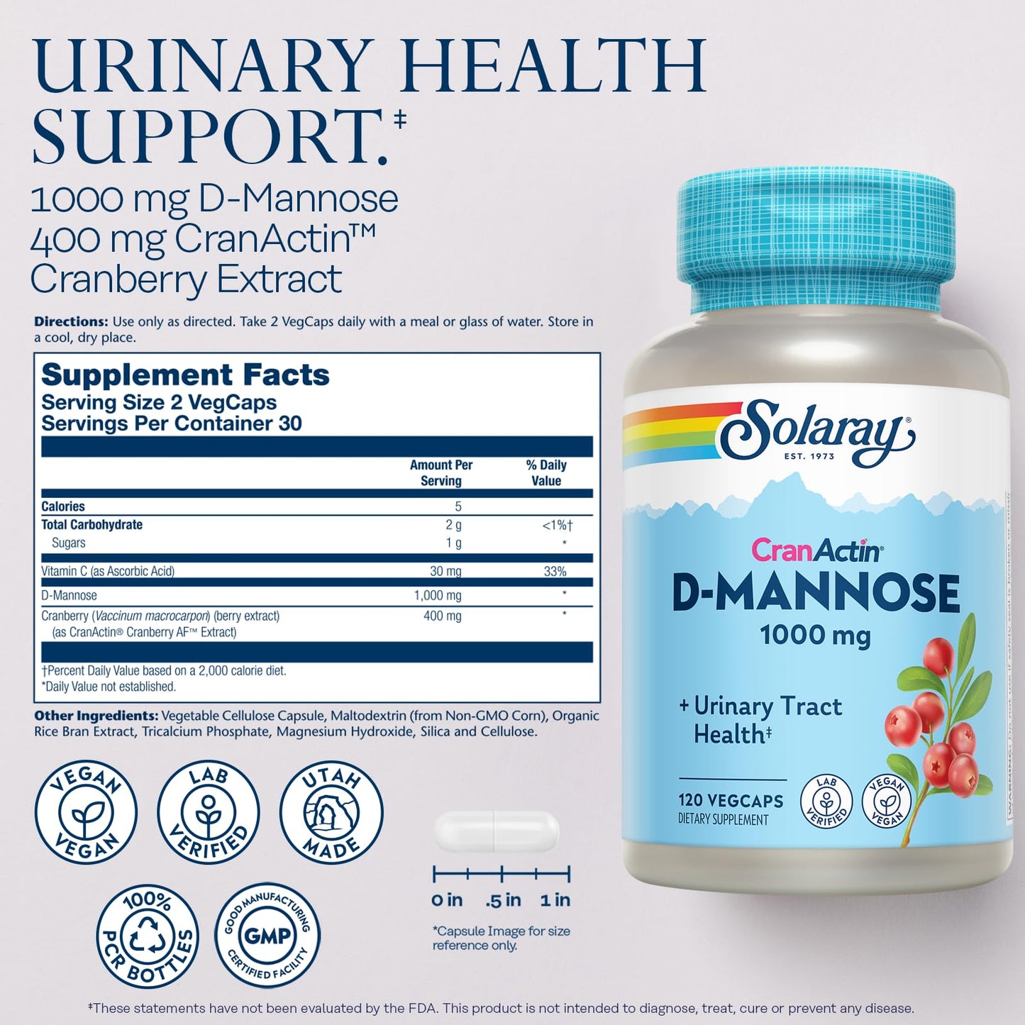 Solaray D-Mannose 1000mg with CranActin Cranberry Supplement 400mg, Urinary Tract Health & Bladder Support Capsules with Vitamin C, Vegan, 60 Day Guarantee, 75 Servings, 150 VegCaps - PrimeBioHealth - canada supplements