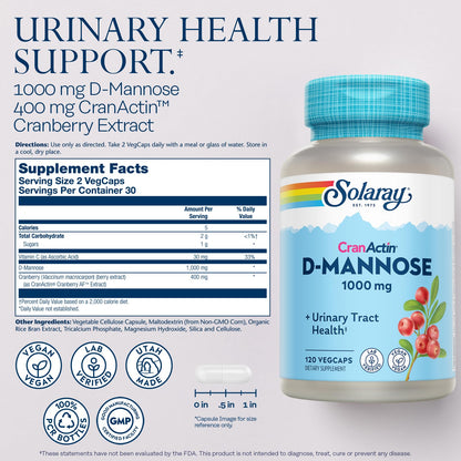 Solaray D-Mannose 1000mg with CranActin Cranberry Supplement 400mg, Urinary Tract Health & Bladder Support Capsules with Vitamin C, Vegan, 60 Day Guarantee, 75 Servings, 150 VegCaps - PrimeBioHealth - canada supplements